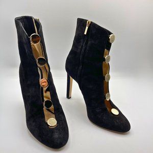 JIMMY CHOO LORETTA BLACK SUEDE ANKLE BOOT, CUT-OUT FRONT & GOLD-TONED BUTTONS